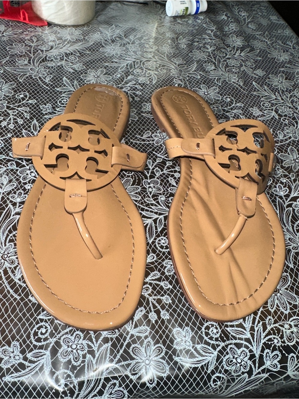 Tory Burch Tan Cutout Logo Thong Sandals